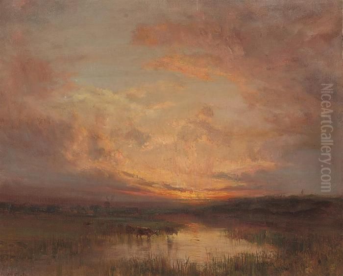 Cattle Watering At The End Of The Day Oil Painting by John Falconar Slater