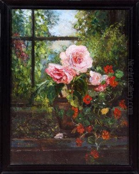 Roses And Other Flowers On A Conservatory Ledge Oil Painting by John Falconar Slater