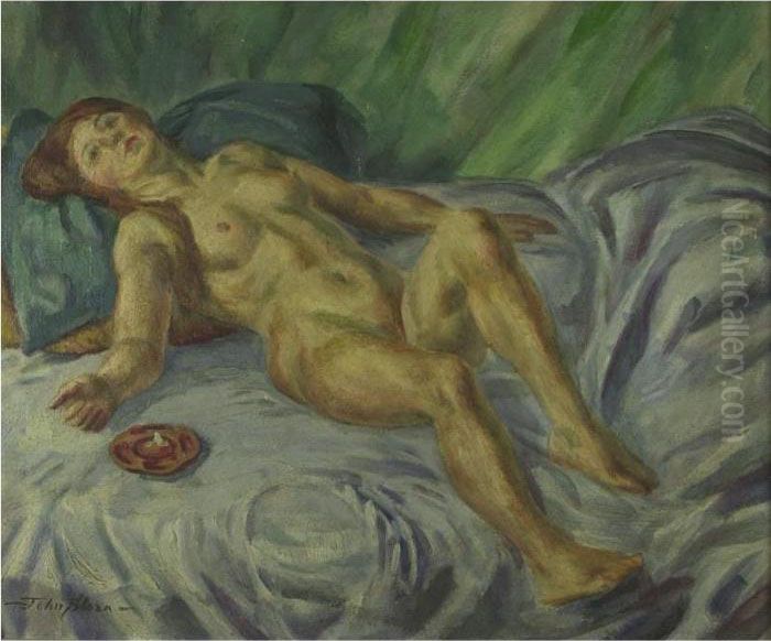 Nude, Blue Swirl Couch And Ashtray Oil Painting by John Sloan