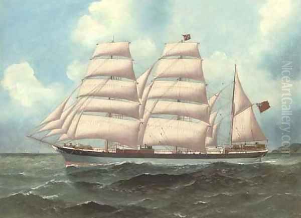 The three-masted barque Anglo-Norman under full sail in coastal waters Oil Painting by English School