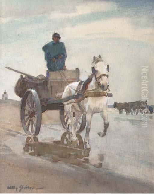 Schelpenkar: Beachcomber In Katwijk Oil Painting by Willy Sluyters