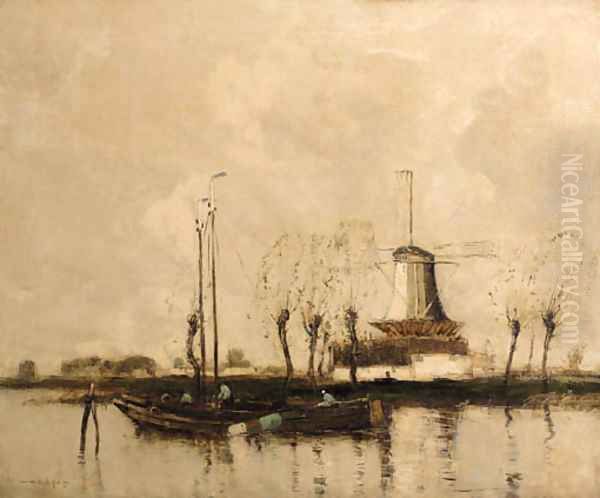 Moored barges in a waterway near a windmill Oil Painting by English School