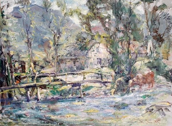 Cattle Watering By A Bridge Oil Painting by George Smith