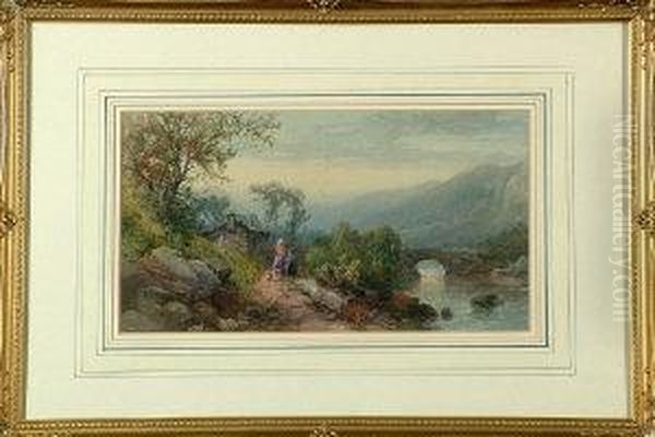 A North Country Landscape With A
 Mother And Daughter Near A Cottage - A River Bridge And Range Of Hills 
Beyond Oil Painting by James Burrell-Smith