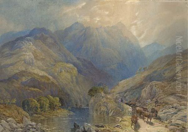 Cows In A Mountainous Landscape Oil Painting by James Burrell-Smith