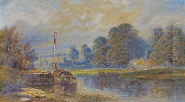 A Barge Moored On A River, With Cattle Grazing Before A Hamlet Beyond Oil Painting by James Burrell-Smith