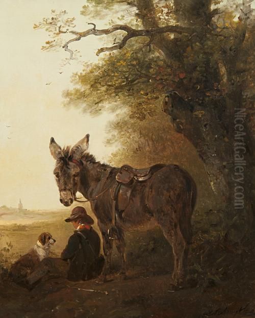 A Boy With Donkey And Dog Resting Beneath An Old Oak Tree Oil Painting by Edward Robert Smythe