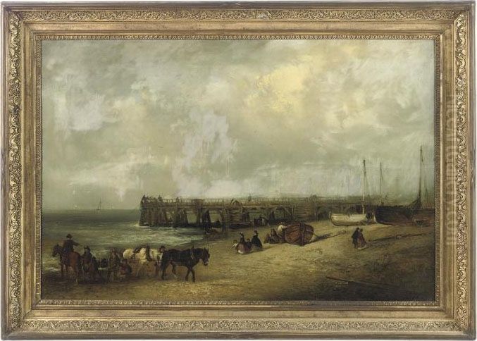 The Yarmouth Jetty, With Promenaders, Fishermen And Travellers Withtheir Horses Oil Painting by Edward Robert Smythe