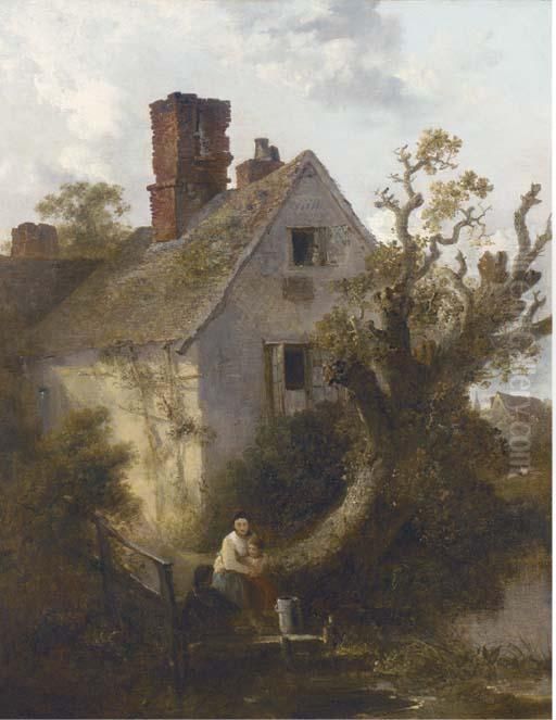 Children Before A Riverside Cottage Oil Painting by Edward Robert Smythe