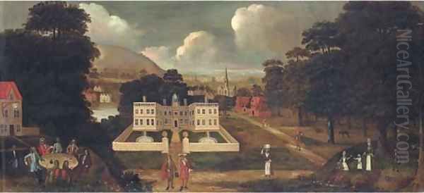View of a country house, beside a river, with figures in the foreground and a town beyond Oil Painting by English School