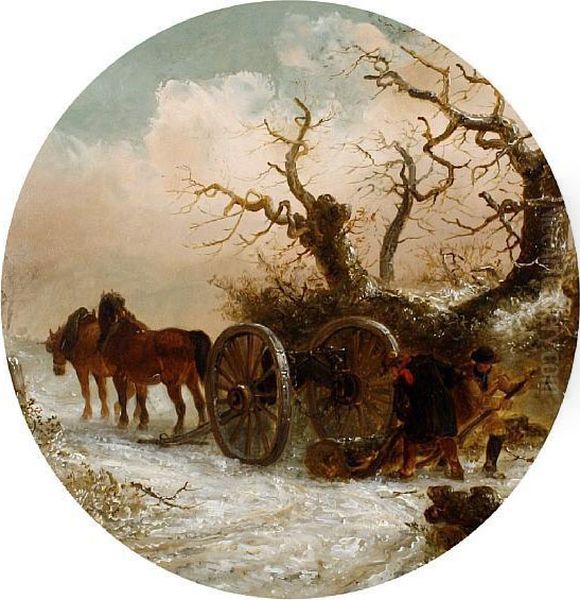Woodsmen And Horses Moving A Tree Trunk In Asnowy Landscape Oil Painting by Thomas Smythe