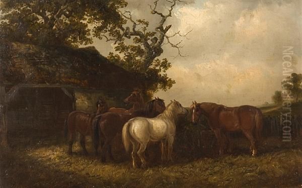 Horses Beside A Barn Oil Painting by Thomas Smythe