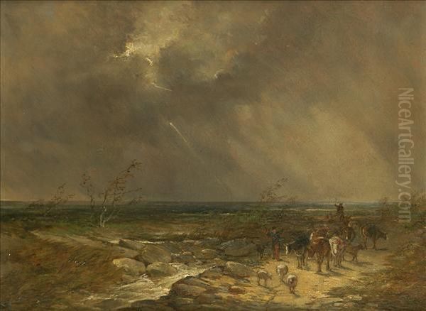 Description
Manner Of Thomas Smythe Height Ofthe Storm, Extensive East Anglian Landscape With Drovers, Cattleand Sheep Oil Painting by Thomas Smythe