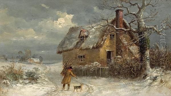 A Winter Scene With A Figure 
Carrying Firewood To A Cottage; Also A Companion Winter Landscape (a 
Pair) Oil Painting by Thomas Smythe