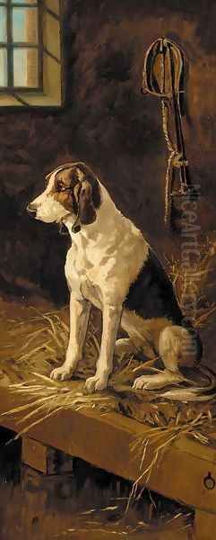 A hound seated in a kennel Oil Painting by English School