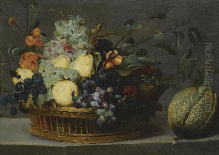 A Still Life With Pears, Grapes 
And Apricots In A Basket And A Watermelon On A Stone Ledge Oil Painting by Frans Snyders