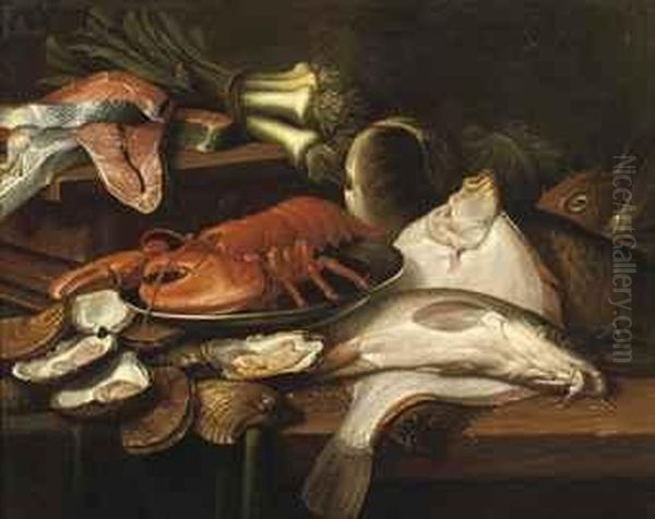 A Pike, A Plaice, A Lobster On A
 Tin Plate, Oysters, Leek Andsalmon, All On A Wooden Table Oil Painting by Frans Snyders
