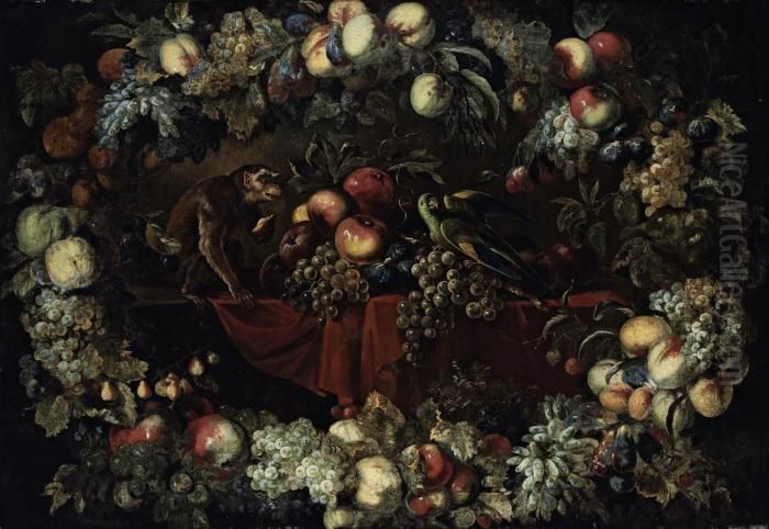 Grapes, Figs And Apples On A 
Partly-draped Table With A Parrot Anda Monkey, Surrounded By A Garland 
Of Pomegranates, Grapes,cherries, Strawberries, And Other Fruit Oil Painting by Frans Snyders