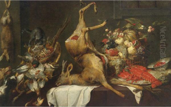 Game Still Life With Birds, A 
Deer And A Hare, With A Basket Offruit, A Lobster On A Plate And Other 
Objects On A Draped Tablewith A Cat, Two Dogs And A Parrot Oil Painting by Frans Snyders
