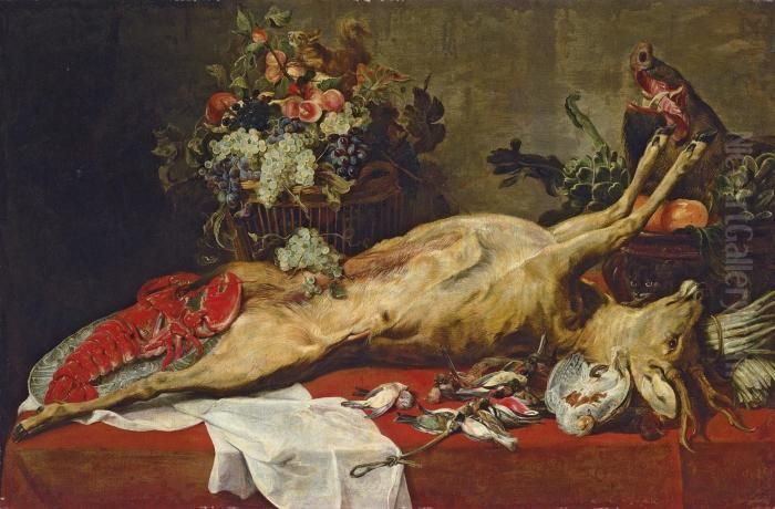 A Buck, A Cat, A Lobster On A 
China Plate, A Squirrel In A Basket Of Grapes, Apricots And Peaches, 
Oranges, Artichokes And A Boar's Head In A Tureen, With A Fowl, A White 
Napkin And Asparagus On A Draped Table Oil Painting by Frans Snyders