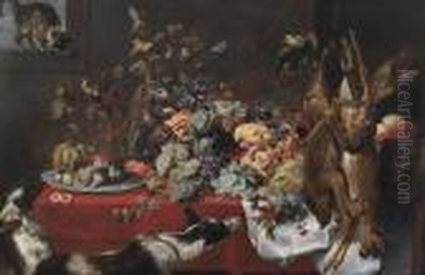 A Draped Table Laden With Fruit,
 Nuts And Berries, With A Cat, Birds, A Parrot, A Squirrel, A Monkey, 
Hounds, A Boar's Head And A Buck And A Fawn Hanging From A Hook Oil Painting by Frans Snyders