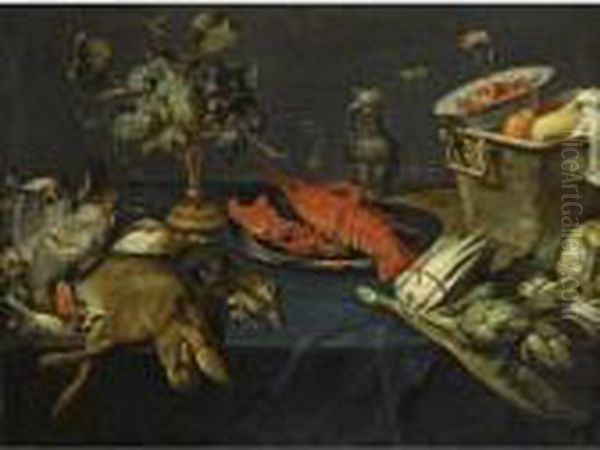 Still Life With A Lobster On A 
Silver Dish, A Dead Hare And Other Game, Blue And White Grapes On A 
Silver-gilt Tazza, Artichokes, Asparagus, A Wan-li Kraak Bowl With 
Strawberries In A Copper Bucket, All Arranged On A Table Draped With A 
Blue Velve Oil Painting by Frans Snyders
