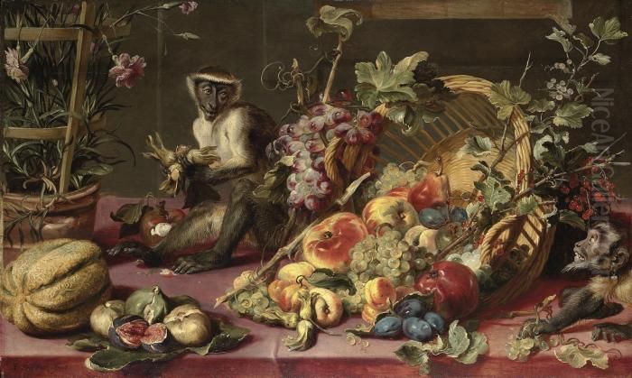 Grapes On The Vine, Apples, 
Pears, Plums, Red And White Currants Onthe Branch And Hazelnuts Spilling
 From A Wicker Basket, Figs On Aleaf, A Melon, An Earthenware And 
Trellis Pot Of Carnations, With Adiana Monkey Eating Hazelnuts And A 
Capuchin Mon Oil Painting by Frans Snyders
