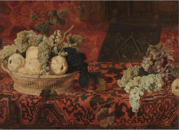 A Still Life Of Pears, Red And 
White Grapes In A Wicker Basket On A Table Draped With An Embroidered 
Blanket Oil Painting by Frans Snyders