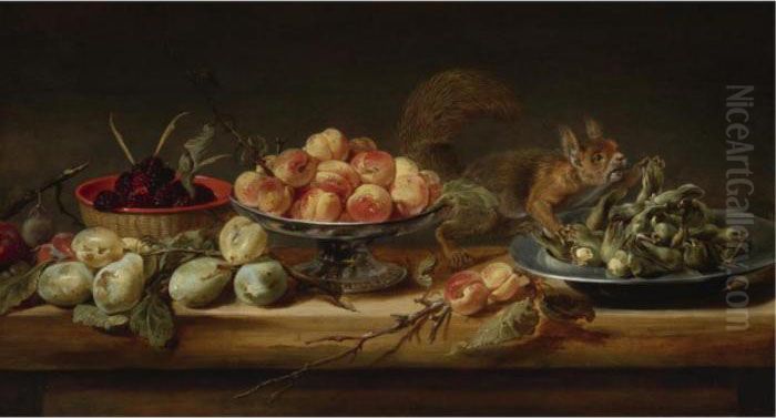 Still Life With Peaches In A 
Tazza, Hazelnuts On A Pewter Plate, Raspberries In A Basket, With Pears 
And A Squirrel On A Table Oil Painting by Frans Snyders