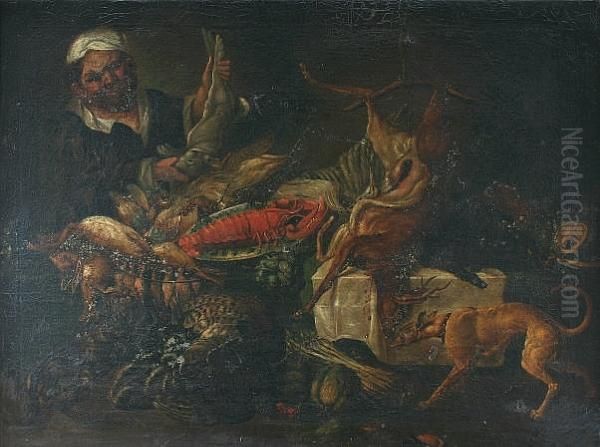 Still Life With Game, Seafood, 
And Vegetables, With Greyhound And Servant Displaying A Hare Oil Painting by Frans Snyders