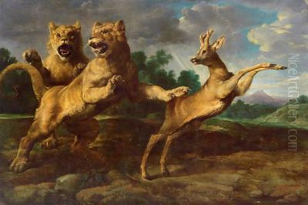 Due Leonesse Cacciano Un Capriolo Oil Painting by Frans Snyders