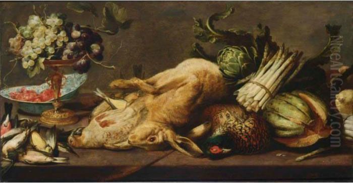 A Still Life Of A Hare, A 
Pheasant, A Partridge, Song Birds, Asparagus, A Melon, Artichokes, 
Together With A Silver-gilt Tazza With Grapes And Shrimps In Wan-li 
Bowls, All On A Wooden Table Oil Painting by Frans Snyders
