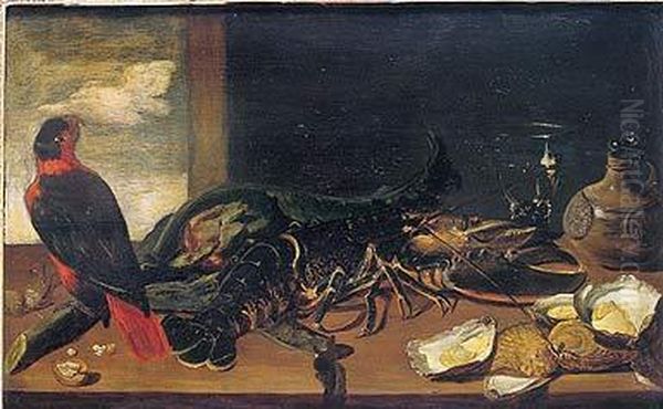 Bodegon: Loro, Alcachofa, Una Langosta Y Ostras Con Un Roemer Y
 Una Garrafa Encima De Una Mesa Oil Painting by Frans Snyders