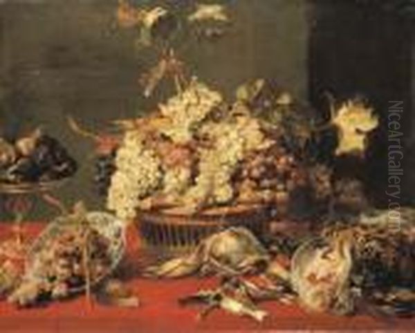 Grapes In A Basket And In A 
Wan-li 'kraak' Porselein Bowl With Figsin A Tazza On A Red Draped Ledge 
With A Woodcock, Pheasants, Apartridge And Other Birds Oil Painting by Frans Snyders