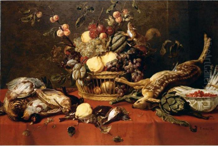 Fruit In A Basket Together With 
Game, A Bowl Of Fraises-de-bois, Artichokes, Asparagus And A Squirrel 
Upon A Table Draped With A Red Cloth Oil Painting by Frans Snyders