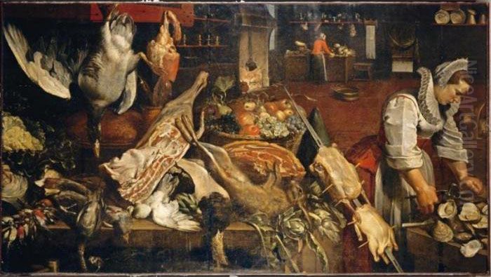 A Kitchen Still Life With A 
Woman Shucking Oysters And A Maid Preparing Vegetables In The Background Oil Painting by Frans Snyders