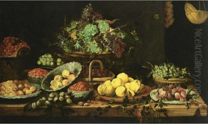 An Extensive Still Life Of 
Peaches, Apricots And Strawberries In Wan-li Porcelain Bowls, 
Quince-pears On A Stone Plate, Black Prunes On A Chinese Plate, 
Hazelnuts, Grapes, Blackberries And Cherries In Baskets, Berries And 
White Prunes In Copper Bo Oil Painting by Frans Snyders
