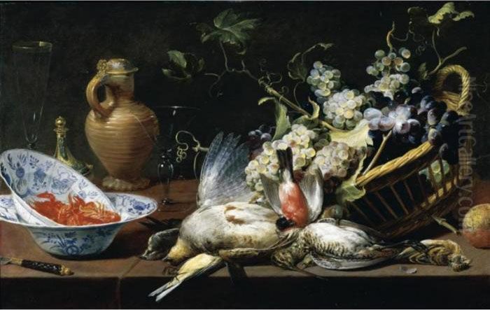 A Still Life Of A Basket Of 
Grapes, Birds, Including A Partridge, Snipe, Sparrow And Finch, Two 
Blue-and-white Oil Painting by Frans Snyders