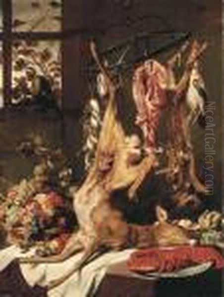A Deer, A Fawn And Other Dead 
Game Suspended On Hooks, A Lobster Ona Porcelain Plate, Artichokes And 
Grapes, Apples, Plums And Otherfruit In A Basket On A Partly-draped 
Table With Two Monkeys Oil Painting by Frans Snyders