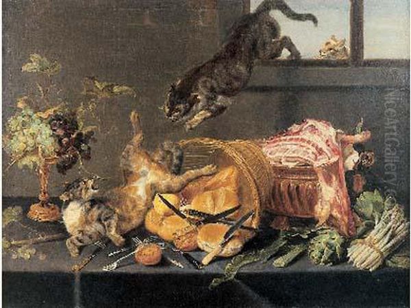 Chats Se Disputant Sur Une Table Garnie D'une Coupe De Fraises,
 Panier De Poires Et Pieces De Viande Oil Painting by Frans Snyders