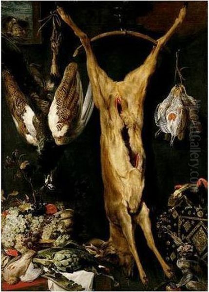 A Still Life Of Artichokes, 
Grapes And A Melon In A Basket, A Hung Peacock, Roe-buck And Grouse, 
Together With A Parrot And A Monkey, A Cat Jumping Through A Window 
Beyond Oil Painting by Frans Snyders