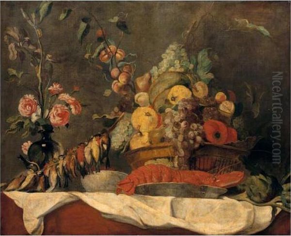 Still Life Of Fruit In A Wicker 
Basket, Together With A Lobster And Blue And White Porcelain Dish, Song 
Birds, Artichokes And A Vase Of Roses Oil Painting by Frans Snyders