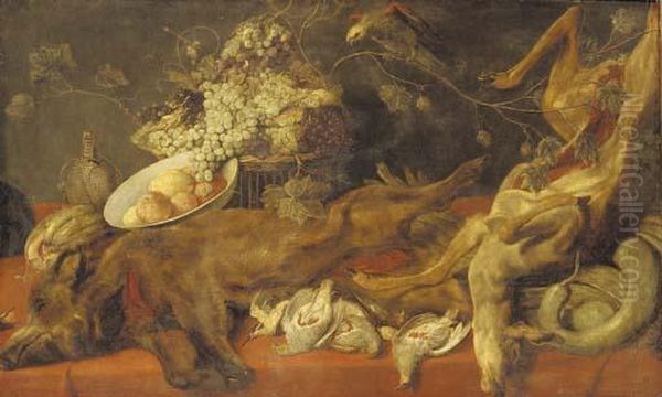 A Dead Boar, With Partridge, A 
Kingfisher And A Dead Deer On A Draped Table With A Melon, A Bowl With 
Apples And A Lemon, A Basket Of Grapes, And A Parakeet On A Vine Branch Oil Painting by Frans Snyders