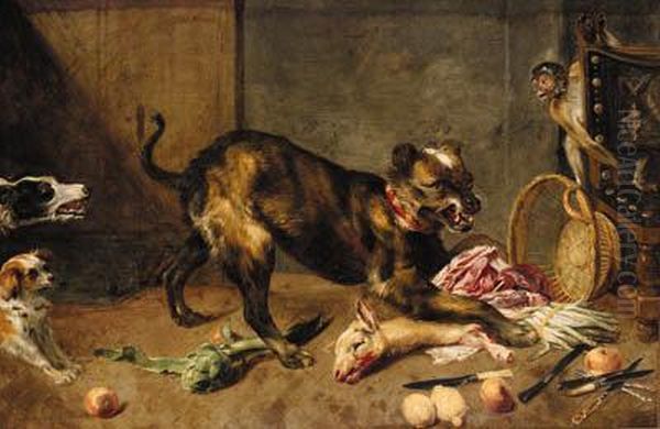 A Hound Guarding Animal Lights 
From Other Dogs With Lemons, Anartichoke, Asparagus And Cutlery And A 
Monkey In A Larder Oil Painting by Frans Snyders