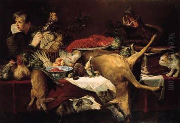 Chickens, A Dead Hare, 
Artichokes, A Bunch Of Asparagus, A Melon,oranges, Dead Game, 
Frais-de-bois In A Klapmuts, A Lobster On Aporcelain Dish, A Dead 
Roebuck, And A Boar's Head On A Copper Panon A Draped Table, A Cat And A
 Dog Nearby, With A Page Oil Painting by Frans Snyders