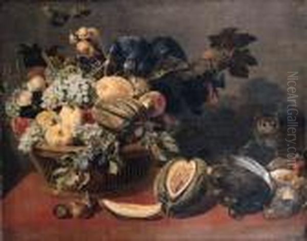 A Parrot Perched On A Basket Of 
Fruit, With A Melon, Figs And A Catwatching Dead Partridges And Black 
Grouse On A Table Oil Painting by Frans Snyders