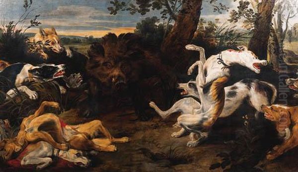 Hounds Attacking A Boar Oil Painting by Frans Snyders