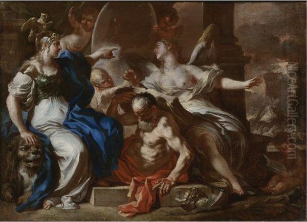 Minerva With Chronos And 
History: A Study For An Allegory Of Thereign Of The Hapsburgs In Naples Oil Painting by Francesco Solimena