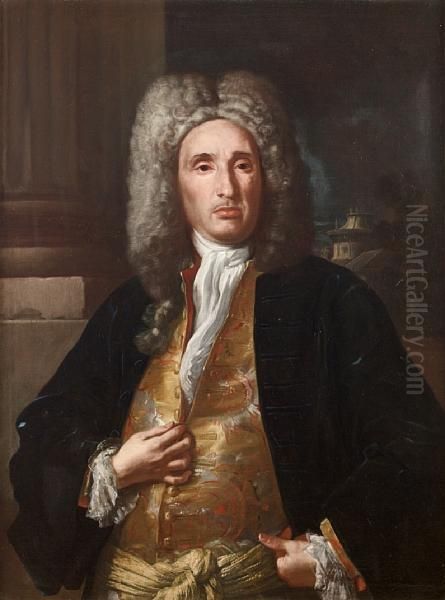 Portrait Of A Gentleman, 
Three-quarter-length,in A Gold Brocade Waistcoat And A Blue Velvet Coat,
 Standing Beforea Column Oil Painting by Francesco Solimena