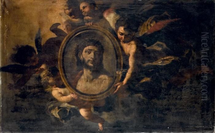 Angeli In Volo Con Volto Di Cristo Entro Un Tondo Oil Painting by Francesco Solimena